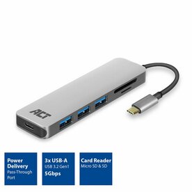ACT AC7050 | 3-Poorts USB-C Hub | Kaartlezer | Zilver