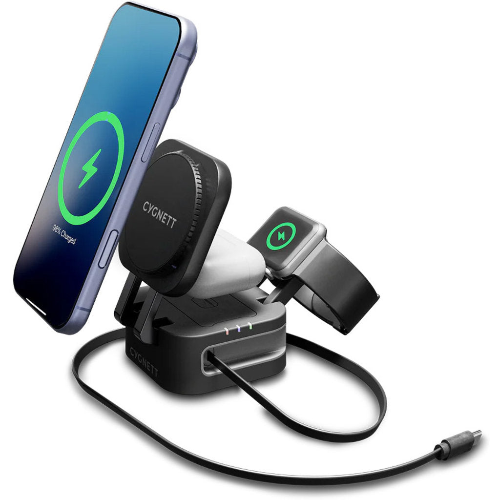 Cygnett MagStand 3-in1 Foldable Wireless Charger with Retractable Cable