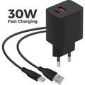 Mobiparts Wall Charger 30W Dual USB-C/USB-A with Micro USB Cable Black