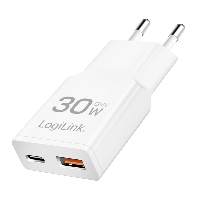 Lader 230V 1xUSB-C 30W+1xUSB-A 18W LogiLink Wit